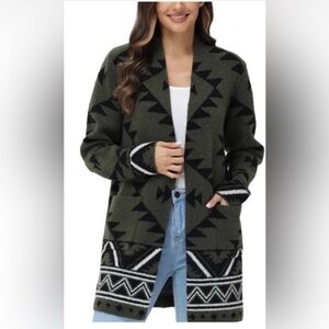 Frye Women Cozy Cardigan  Geometric Aztec Tribal Open Front Sweater Olive